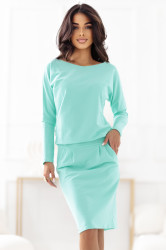 189-12 Long-sleeved sweatshirt dress with pockets – comfortable cut with a low neckline at the back – mint