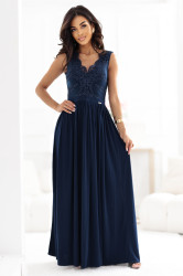 215-6 LEA long elegant maxi dress with lace top and slit on the leg - navy blue