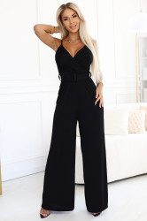 593-3 Elegant Jumpsuit with Wrap Neckline, Wide Legs and Belt – Black