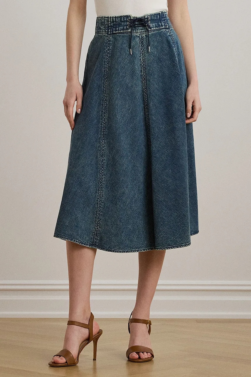 Bavlněná džínová sukně Lauren Ralph Lauren modrá barva, midi, áčková, 200971265