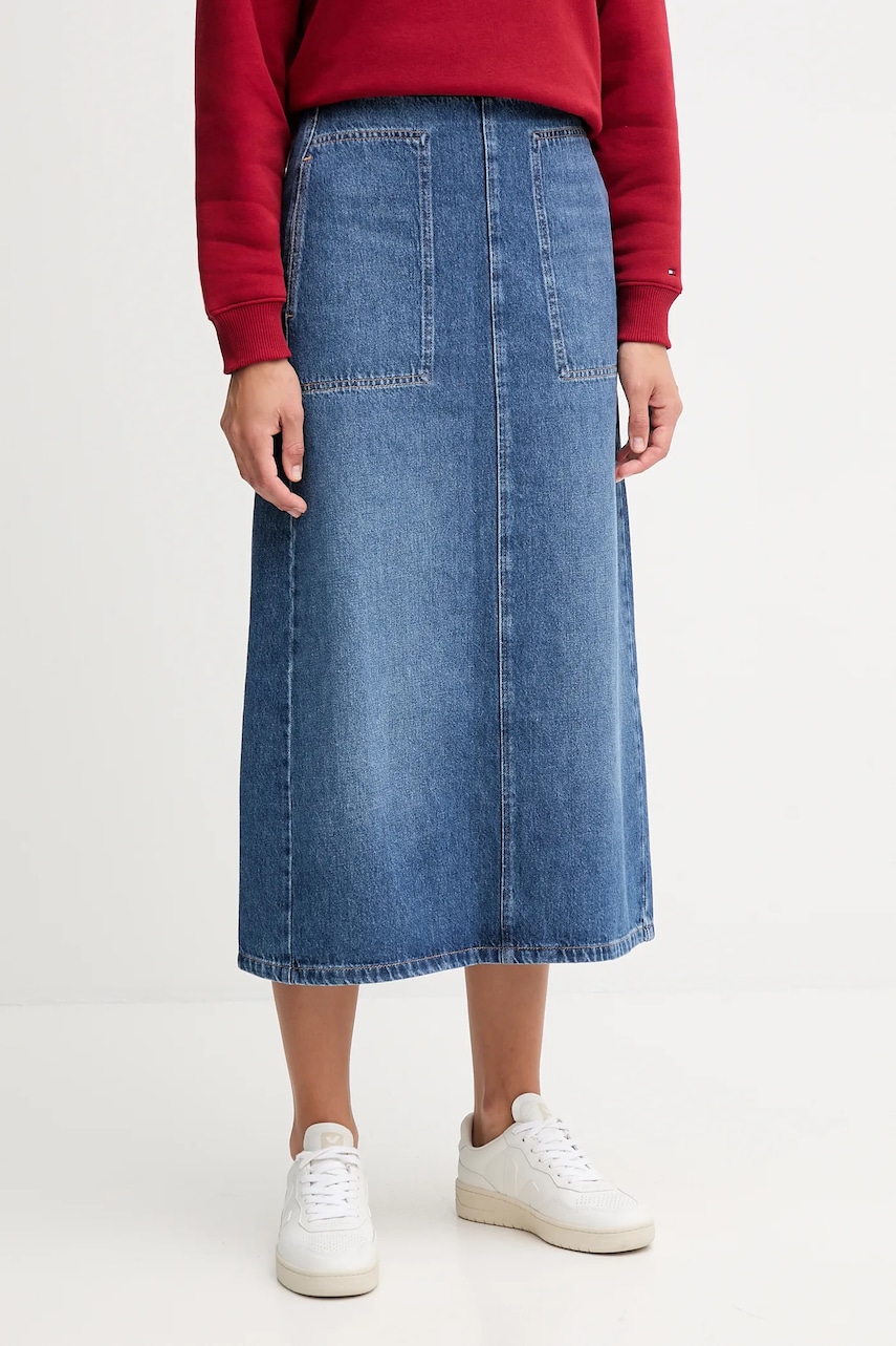 Bavlněná džínová sukně Tommy Hilfiger modrá barva, midi, WW0WW46737