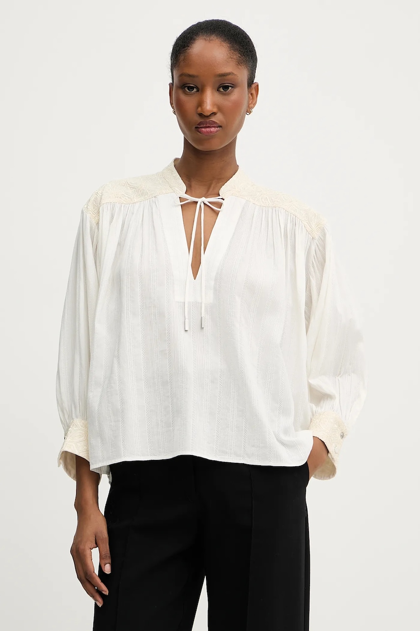 Bavlněná halenka BOSS Orange C_Brodes dámská, béžová barva, s aplikací, 50546176