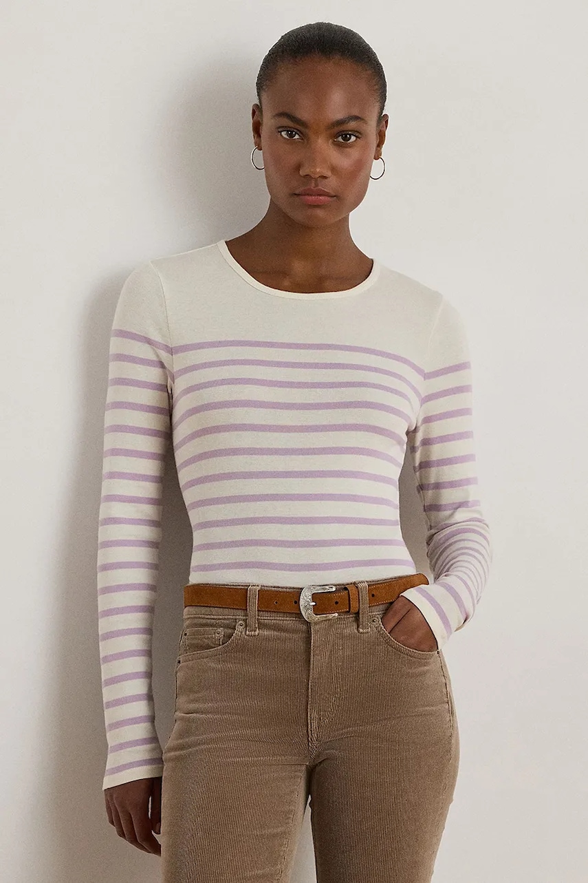 Bavlněná halenka Lauren Ralph Lauren dámská, béžová barva, vzorovaná, 200980046