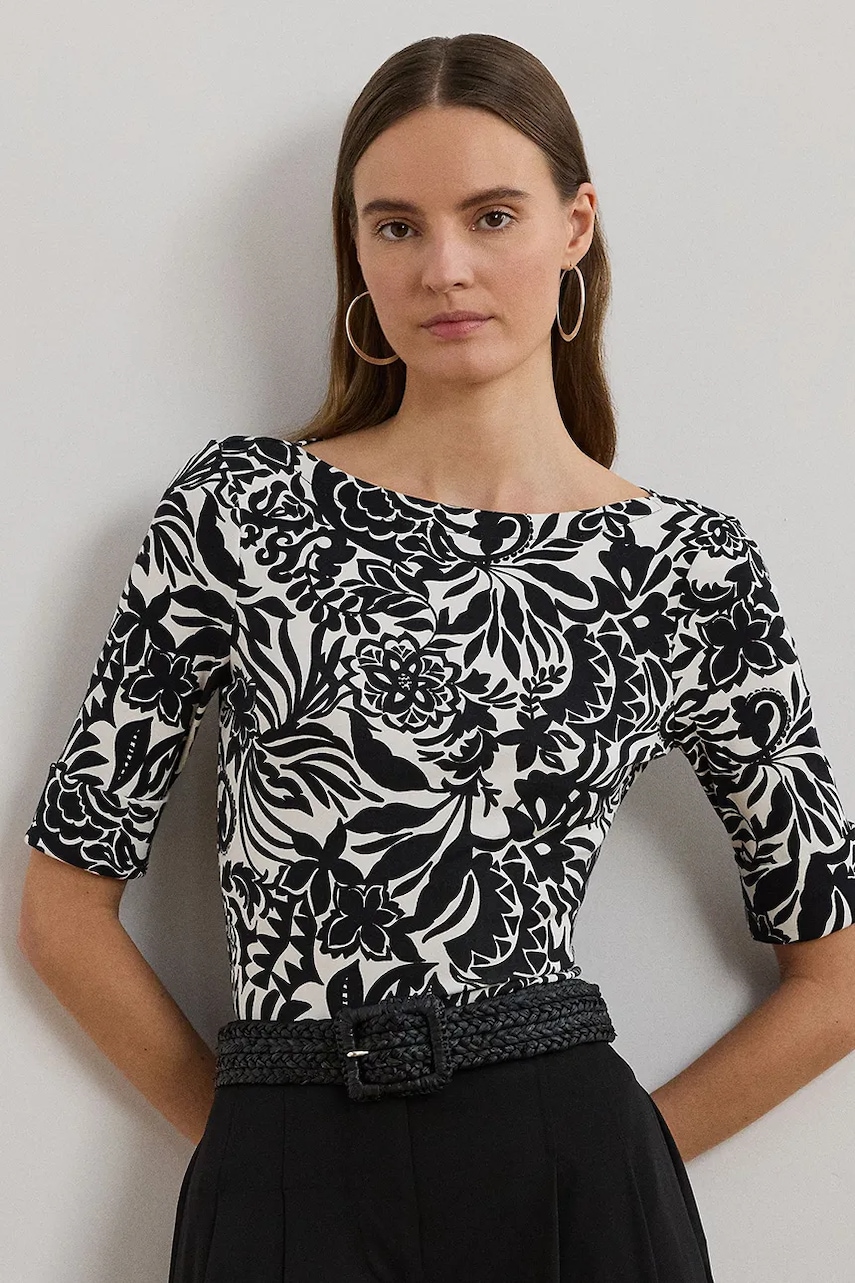 Bavlněná halenka Lauren Ralph Lauren dámská, černá barva, vzorovaná, 200963940