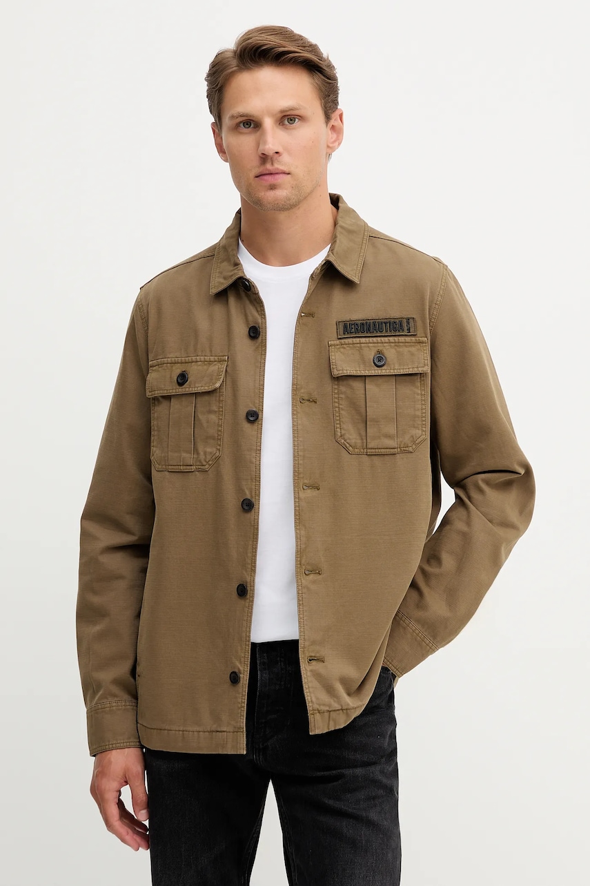 Bavlněná košilová bunda Aeronautica Militare zelená barva, přechodná, AC0036UCT04233