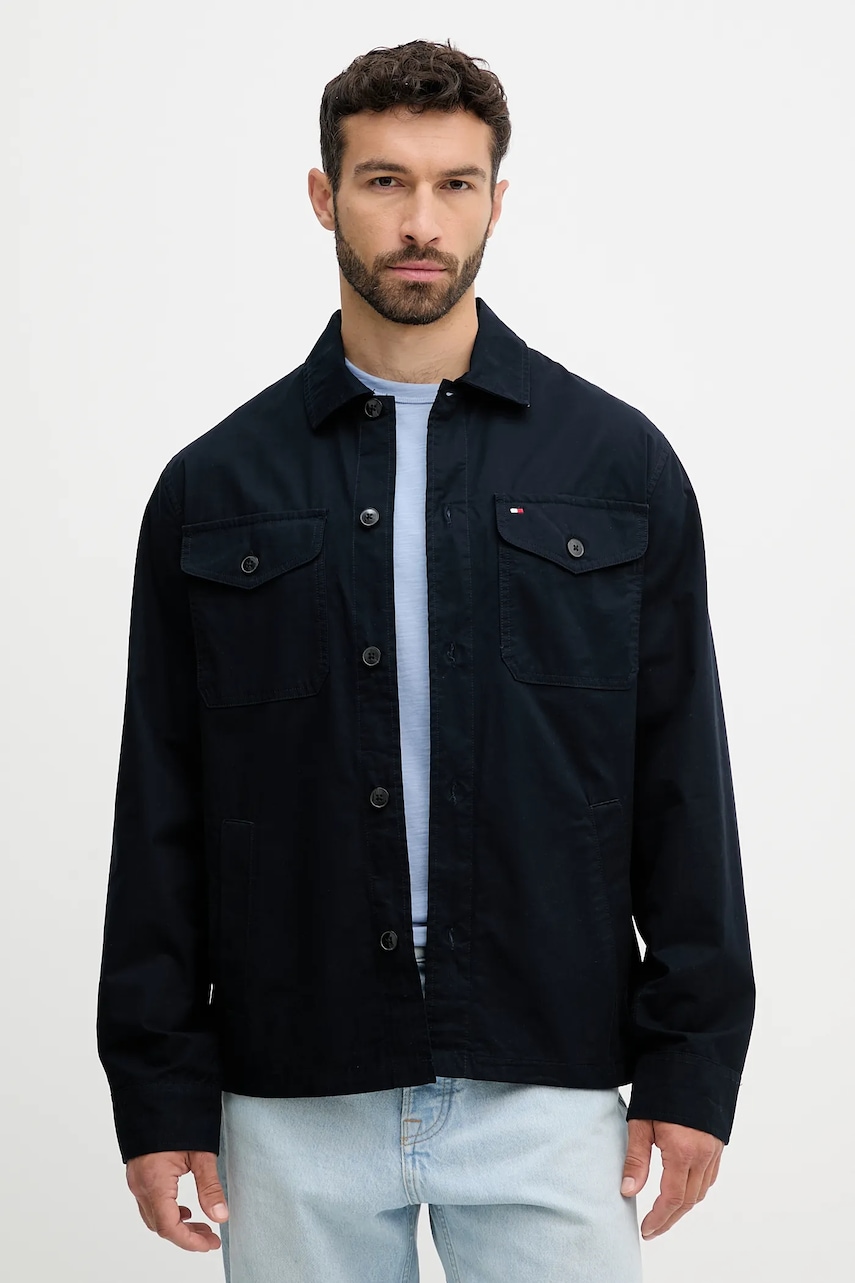 Bavlněná košilová bunda Tommy Hilfiger tmavomodrá barva, přechodná, MW0MW39634