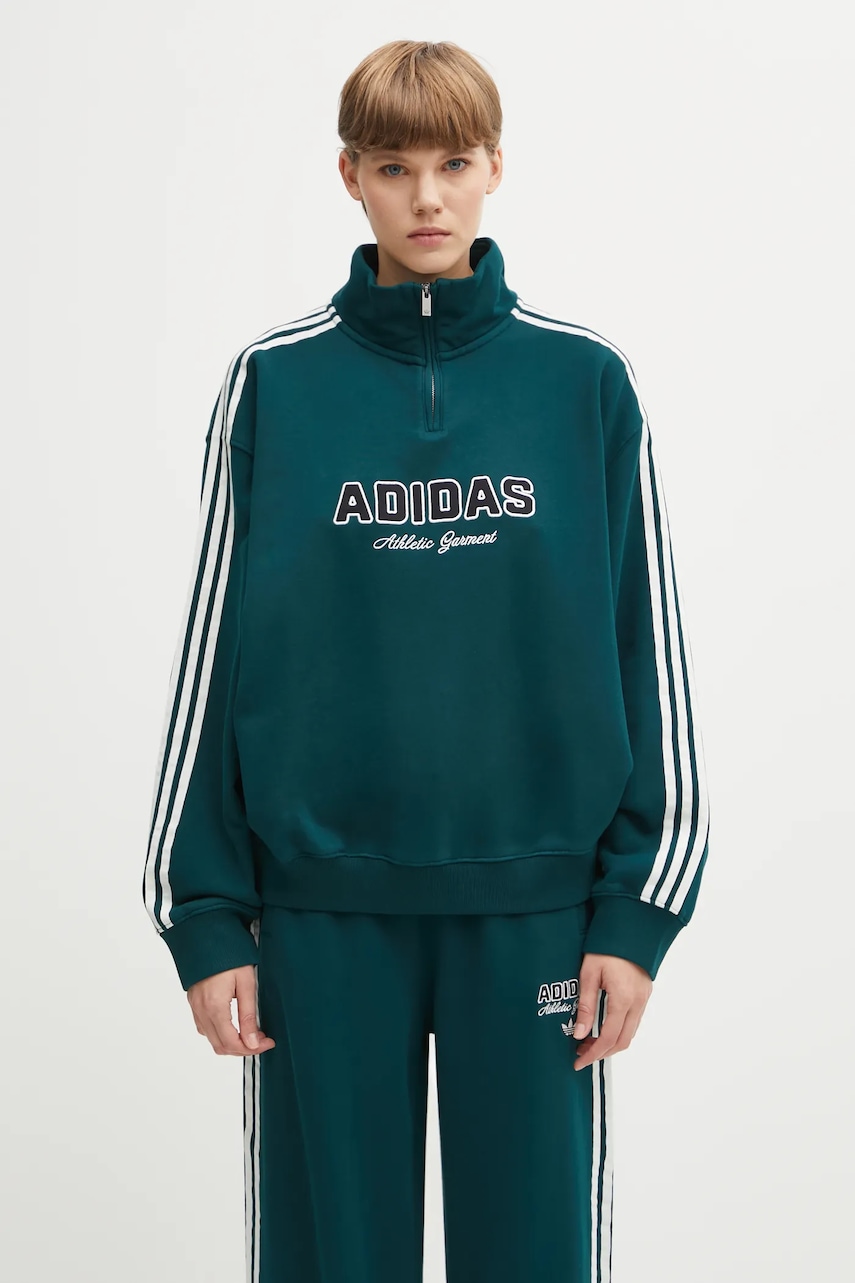 Bavlněná mikina adidas Originals Quarter Zip dámská, zelená barva, s aplikací, KF2309