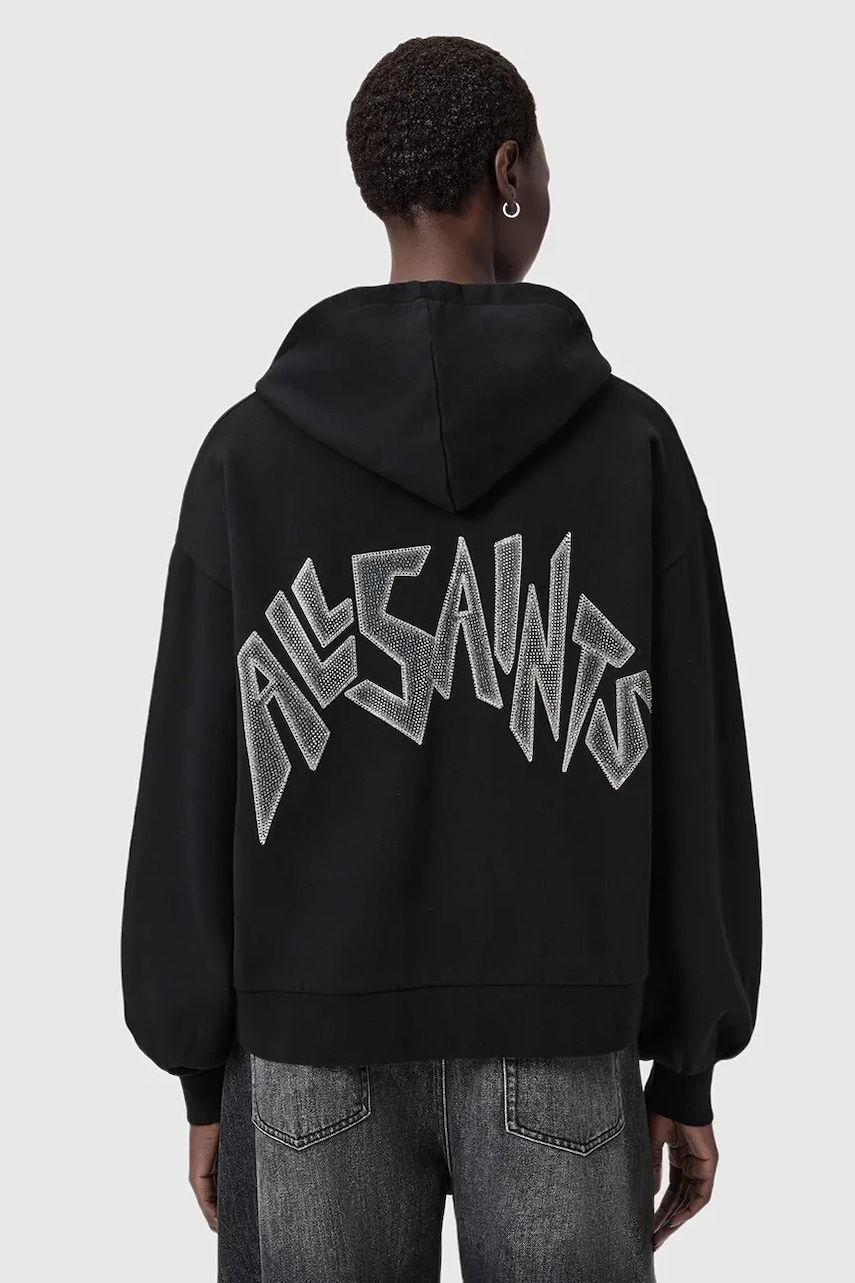 Bavlněná mikina AllSaints dámská, černá barva, s kapucí, s aplikací, W090JD