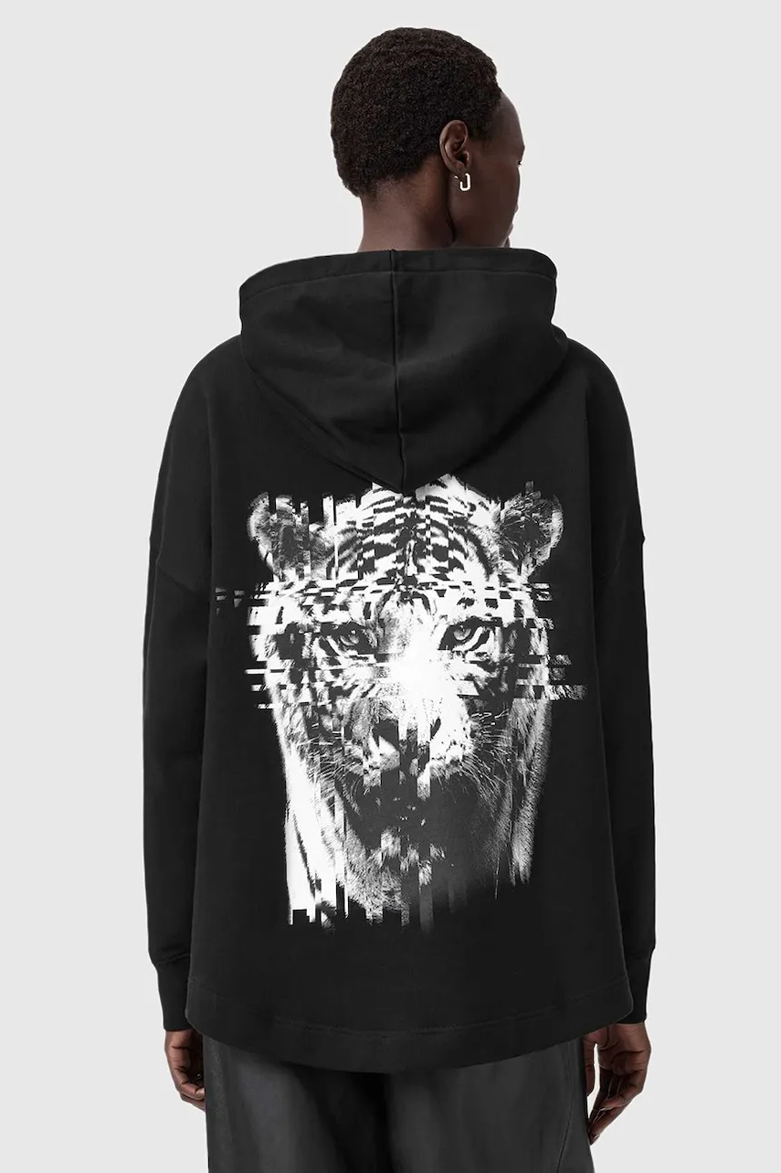 Bavlněná mikina AllSaints dámská, černá barva, s kapucí, vzorovaná, W107JD