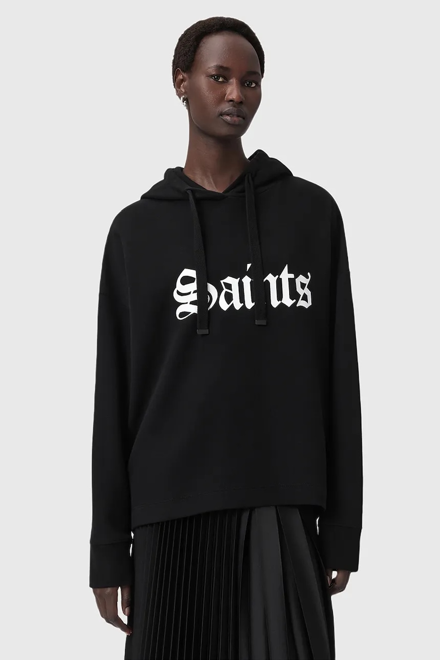 Bavlněná mikina AllSaints SAINT dámská, černá barva, s kapucí, s potiskem, W140JD