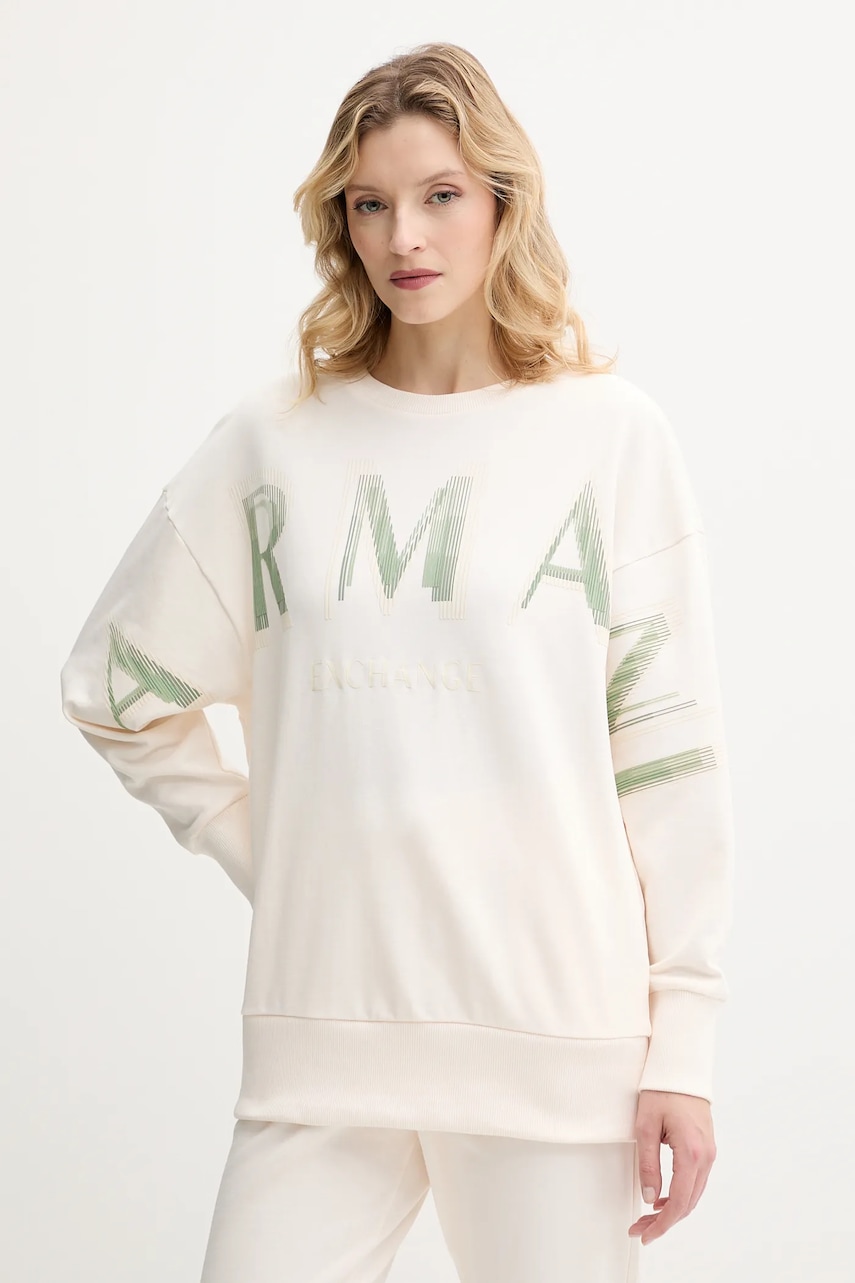 Bavlněná mikina Armani Exchange dámská, béžová barva, s aplikací, XW000495 AF12739