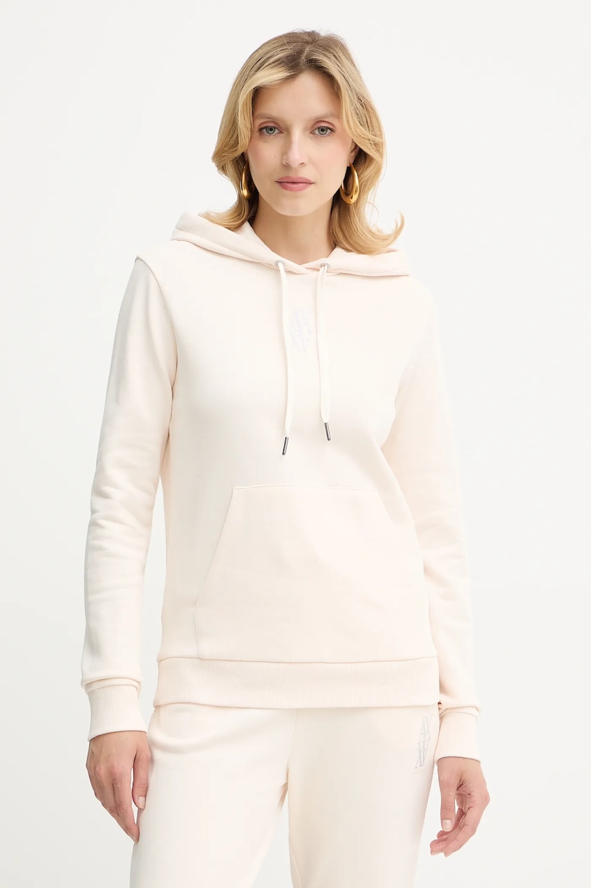 Bavlněná mikina Armani Exchange dámská, béžová barva, s kapucí, s aplikací, XW000983 AF14284