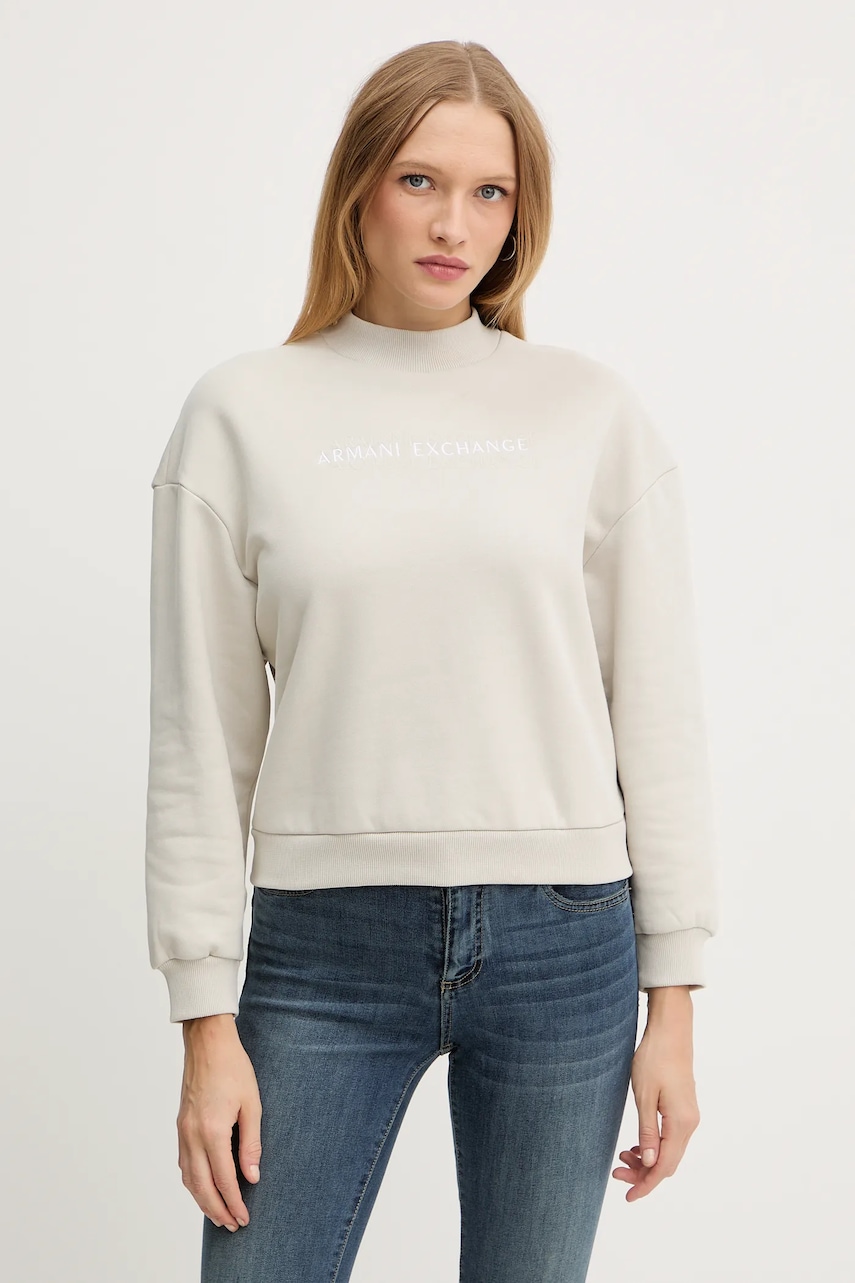 Bavlněná mikina Armani Exchange dámská, béžová barva, s potiskem, XW000787 AF16141