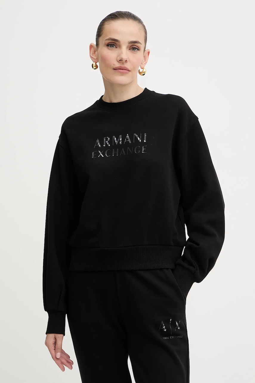 Bavlněná mikina Armani Exchange dámská, černá barva, s potiskem, XW000747 AF16114