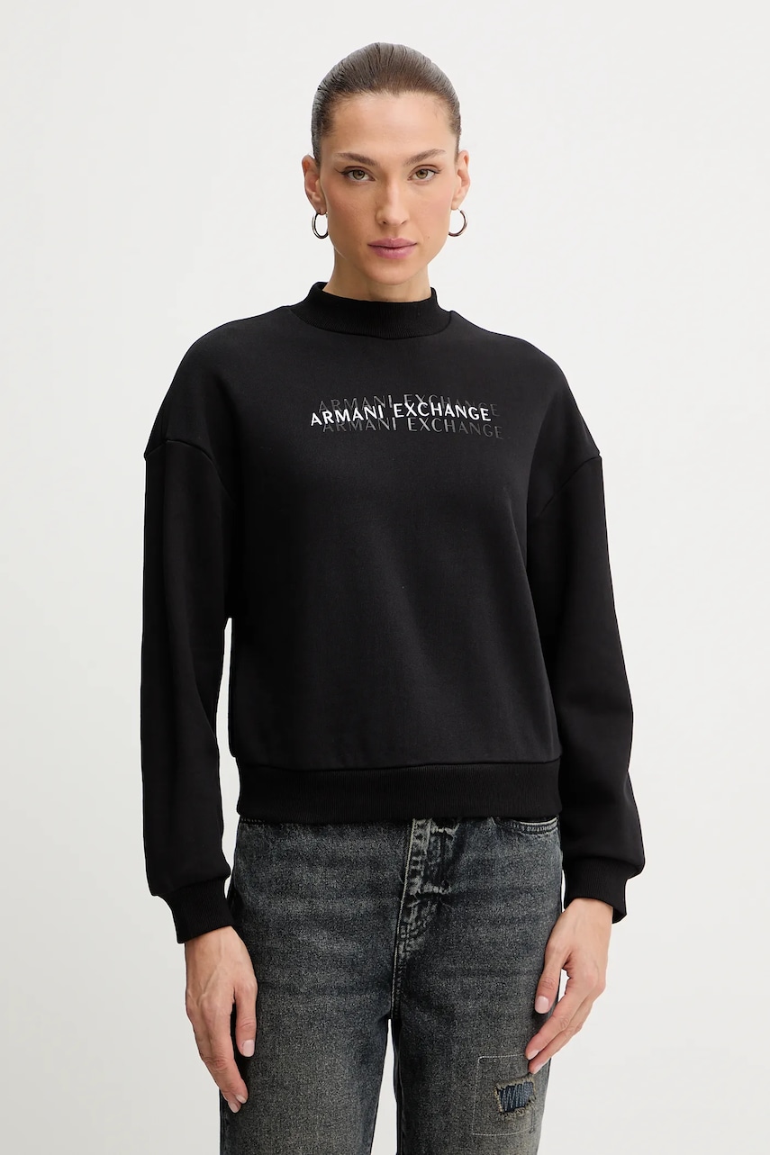 Bavlněná mikina Armani Exchange dámská, černá barva, s potiskem, XW000787 AF16141