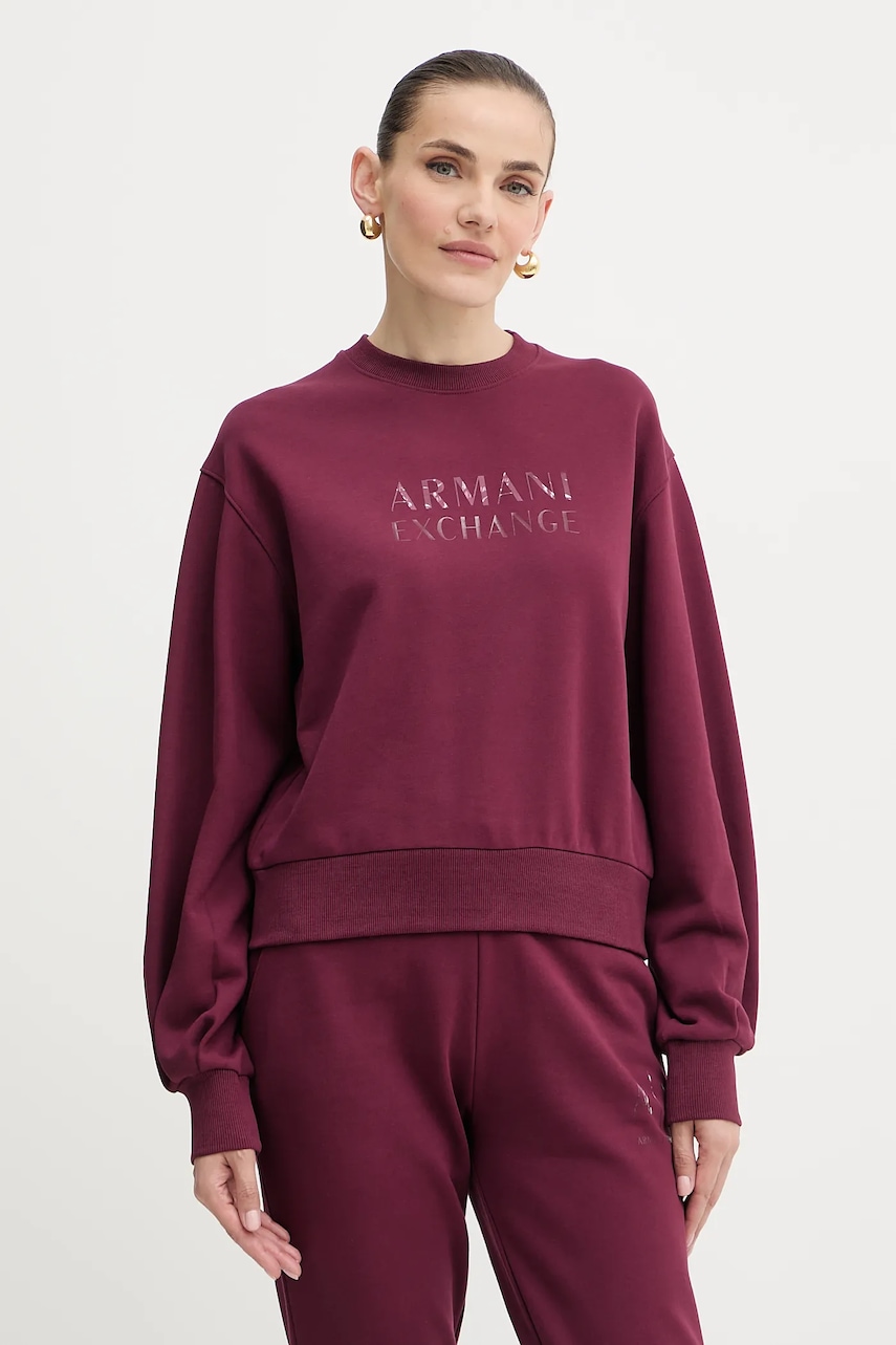 Bavlněná mikina Armani Exchange dámská, vínová barva, s potiskem, XW000747 AF16114