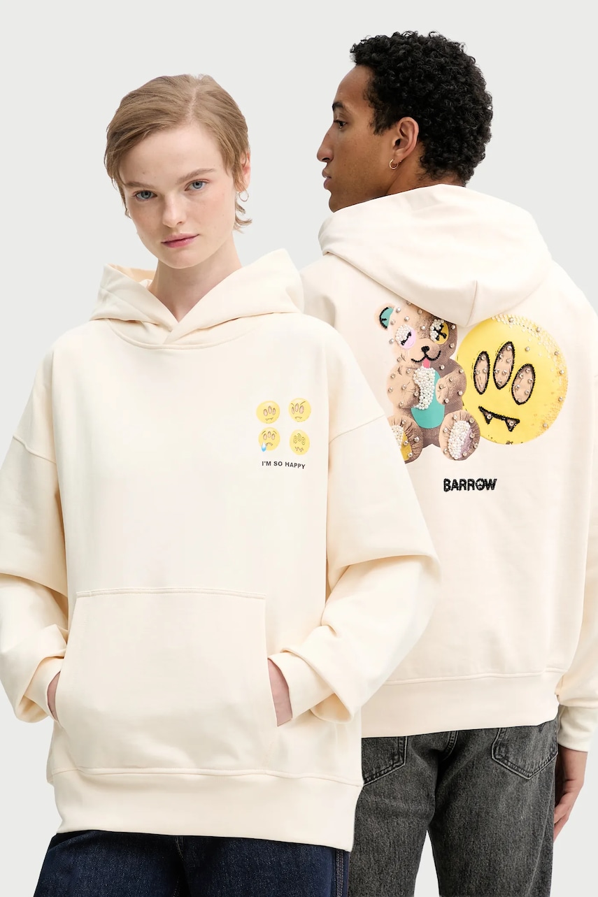 Bavlněná mikina Barrow béžová barva, s kapucí, vzorovaná, F5BWUAHS084