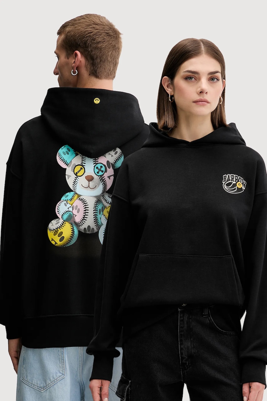 Bavlněná mikina Barrow černá barva, s kapucí, vzorovaná, F5BWUAHS051