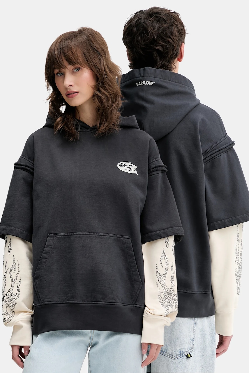 Bavlněná mikina Barrow šedá barva, s kapucí, s potiskem, F5BWUAHS116