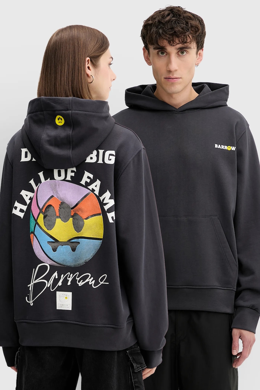 Bavlněná mikina Barrow šedá barva, s kapucí, s potiskem, F5BWUAHS126