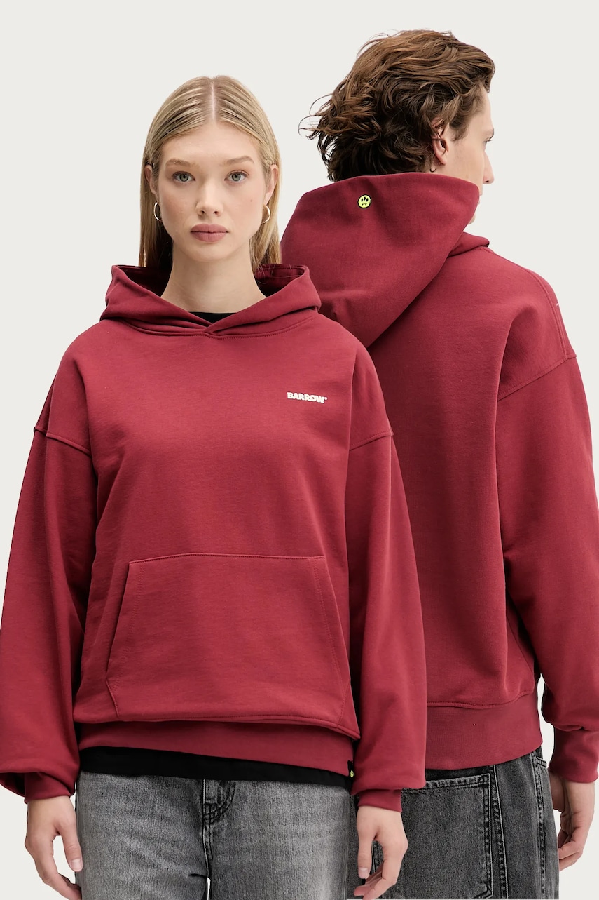 Bavlněná mikina Barrow vínová barva, s kapucí, s potiskem, F5BWUAHS068