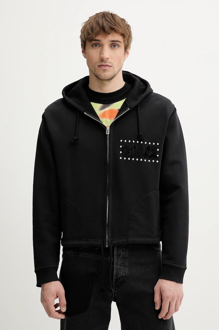 Bavlněná mikina BLUEMARBLE pánská, černá barva, s kapucí, s aplikací, HO19.FL05BA25