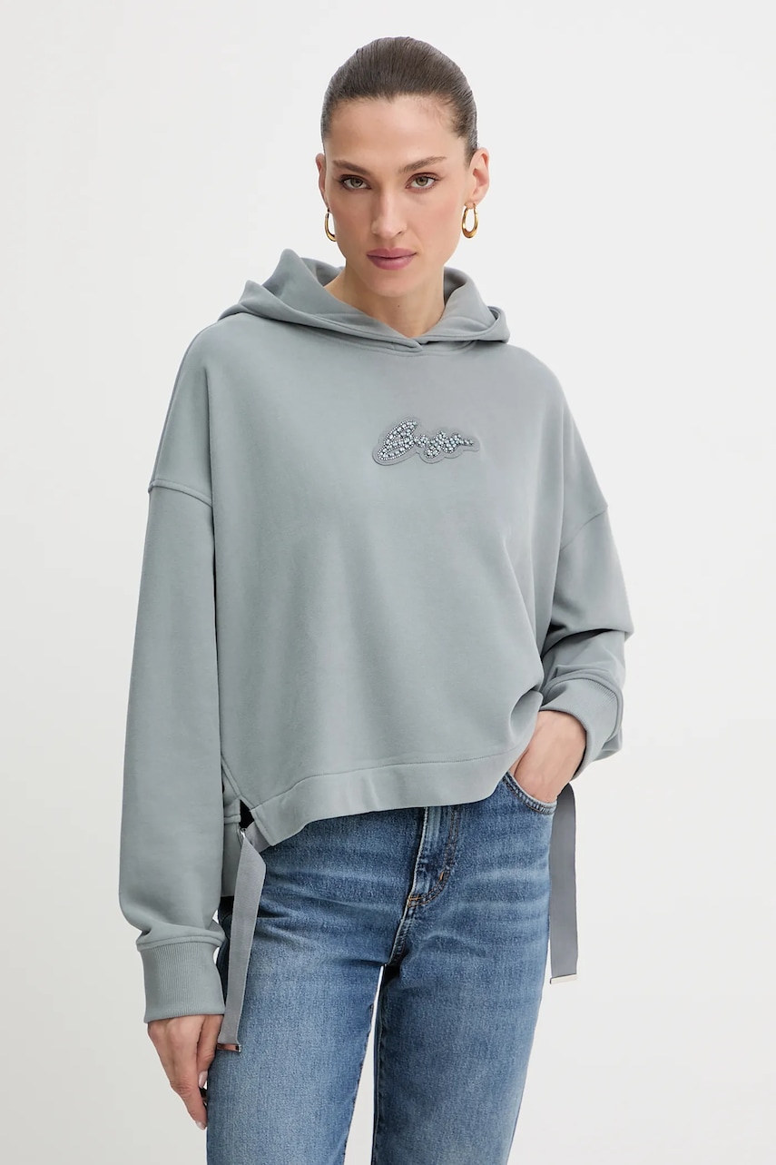 Bavlněná mikina BOSS Orange C_Eblousa2_stonebadg dámská, šedá barva, s kapucí, s aplikací, 50545507