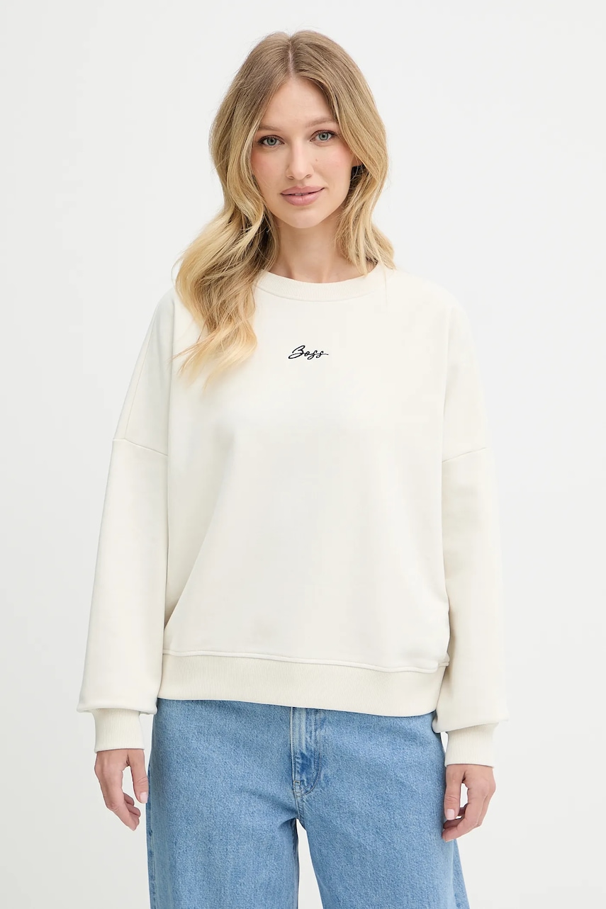 Bavlněná mikina BOSS Orange C_Esweaty_s dámská, béžová barva, s aplikací, 50547974