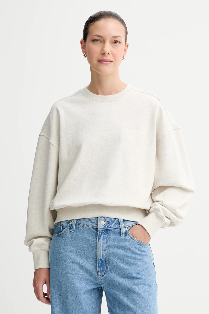 Bavlněná mikina Calvin Klein dámská, béžová barva, s aplikací, LV044C209G