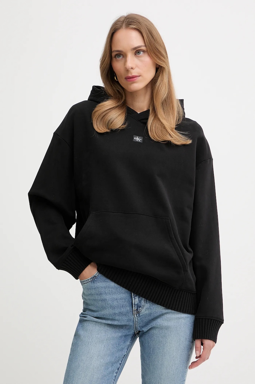 Bavlněná mikina Calvin Klein Jeans dámská, černá barva, s kapucí, hladká, LV047D232G
