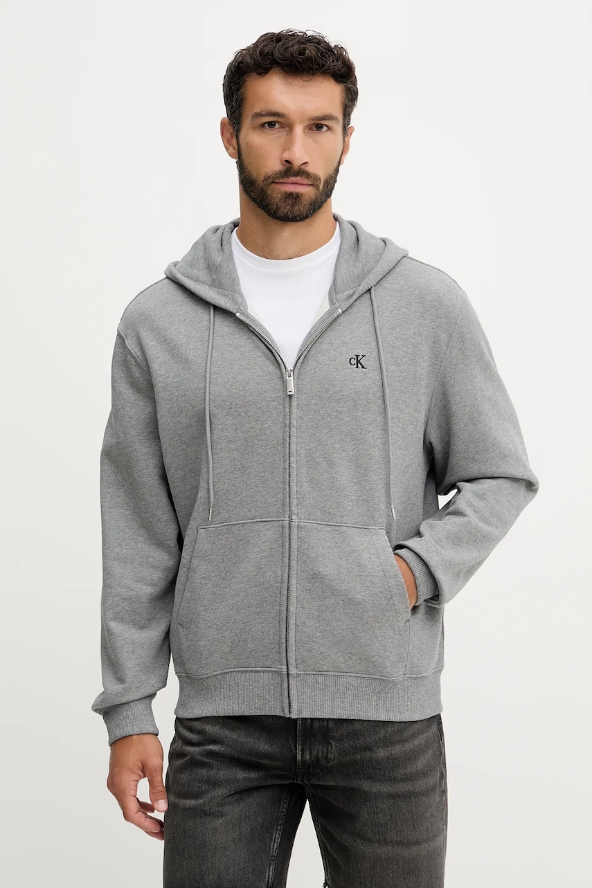 Bavlněná mikina Calvin Klein Jeans pánská, šedá barva, s kapucí, hladká, LV04RD240G