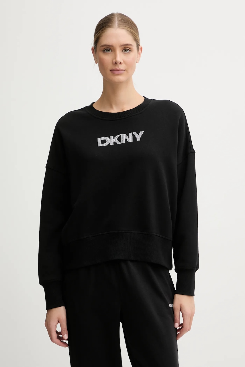 Bavlněná mikina Dkny LOGO TERRY dámská, černá barva, s aplikací, DP5T1370