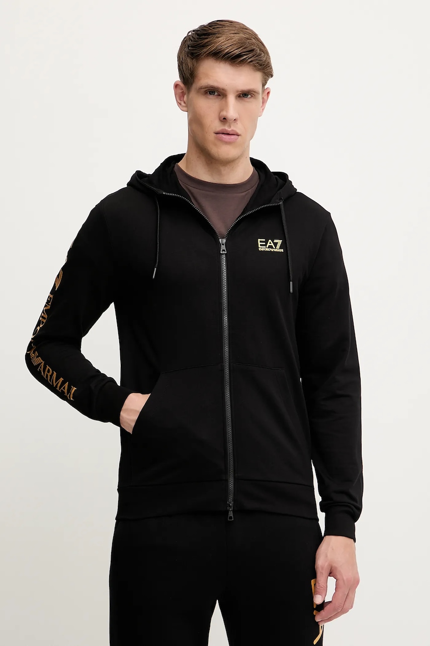 Bavlněná mikina EA7 Emporio Armani pánská, černá barva, s kapucí, s potiskem, AF13512.7M000568