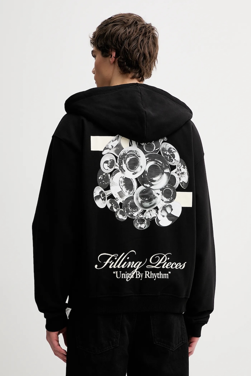 Bavlněná mikina Filling Pieces Zip Hoodie Bouquet pánská, černá barva, s kapucí, s potiskem, 422533501122