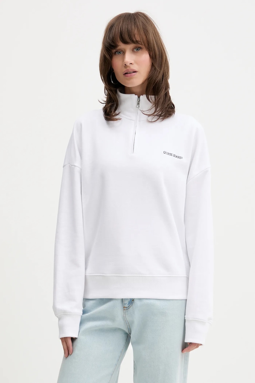 Bavlněná mikina Guess Jeans dámská, bílá barva, hladká, W5YQ09 K68I4