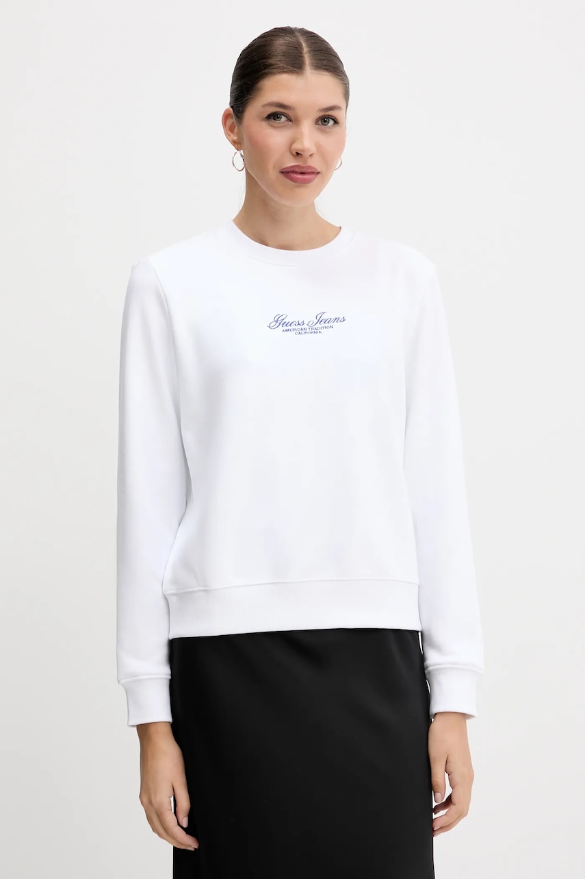 Bavlněná mikina Guess Jeans dámská, bílá barva, s aplikací, W5YQ28 KCPR1