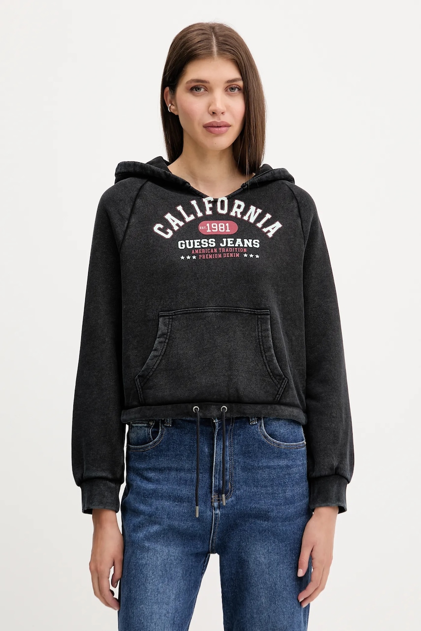 Bavlněná mikina Guess Jeans dámská, černá barva, s kapucí, s potiskem, W5YQ14 KCPR1