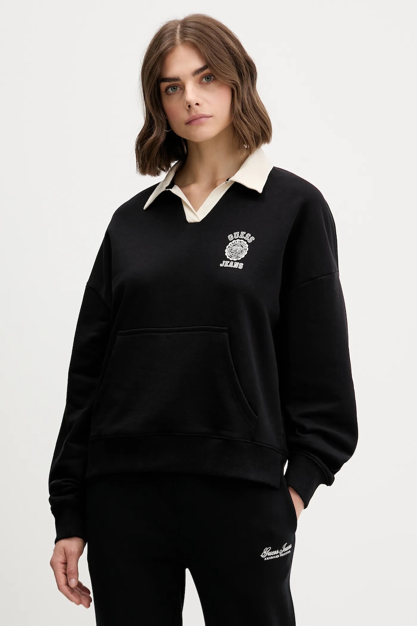 Bavlněná mikina Guess Jeans dámská, černá barva, s potiskem, W5YQ16 K68I4
