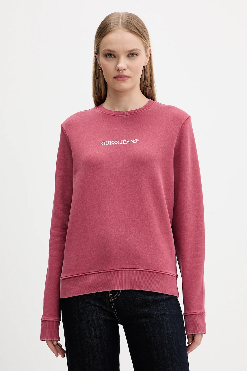 Bavlněná mikina Guess Jeans dámská, růžová barva, hladká, W5BQ17 KCPR1