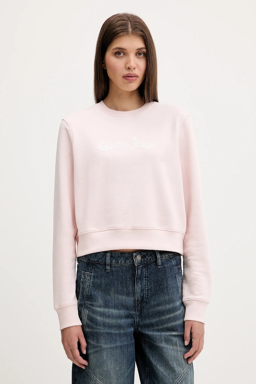 Bavlněná mikina Guess Jeans dámská, růžová barva, s potiskem, W5YQ15 K68I4