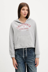 Bavlněná mikina Guess Jeans dámská, šedá barva, s kapucí, s potiskem, W5YQ14 KCPR1