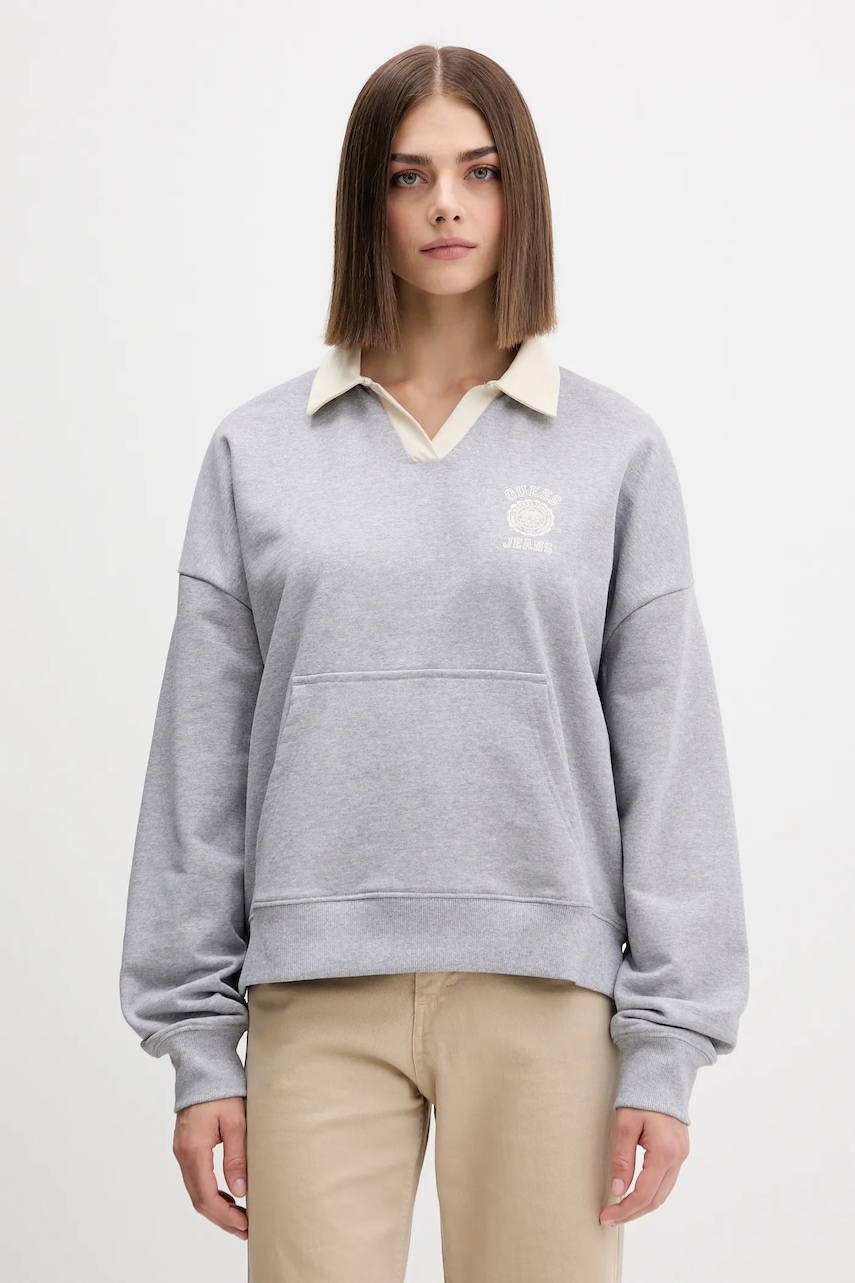 Bavlněná mikina Guess Jeans dámská, šedá barva, s potiskem, W5YQ16 K68I4