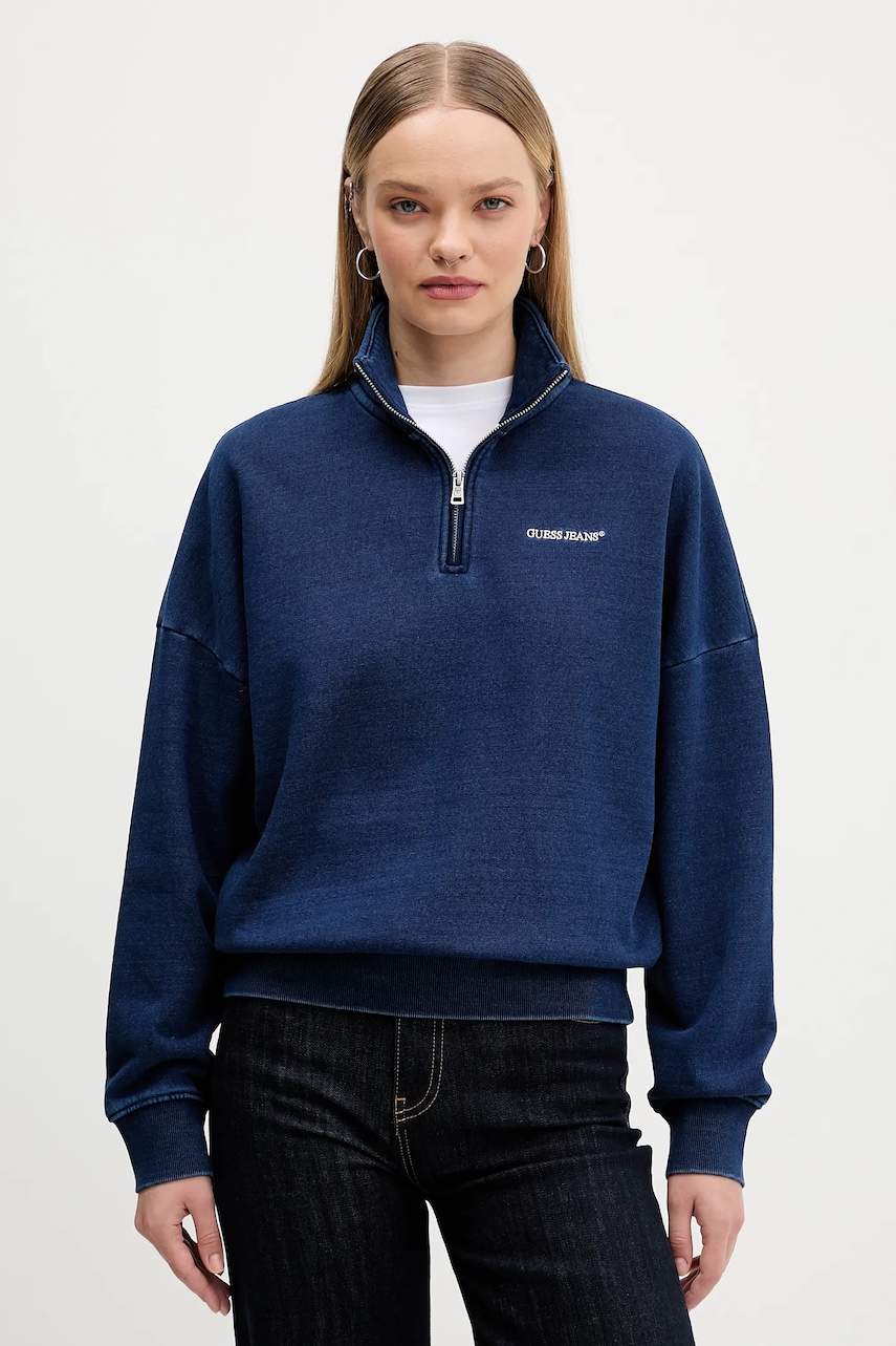 Bavlněná mikina Guess Jeans dámská, tmavomodrá barva, hladká, W5YQ10 KCXQ1