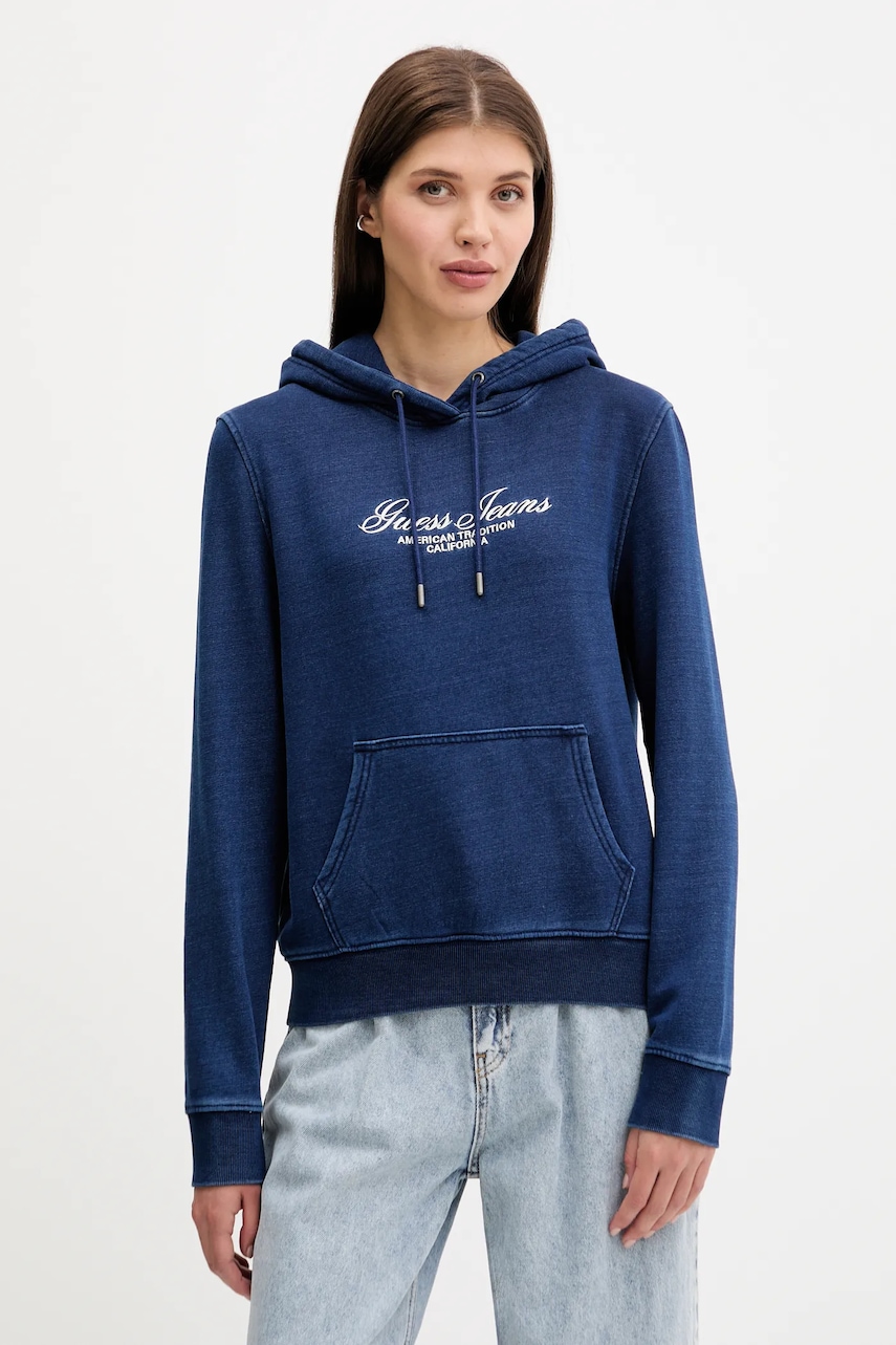 Bavlněná mikina Guess Jeans dámská, tmavomodrá barva, s kapucí, s aplikací, W5YQ11 KCXQ1