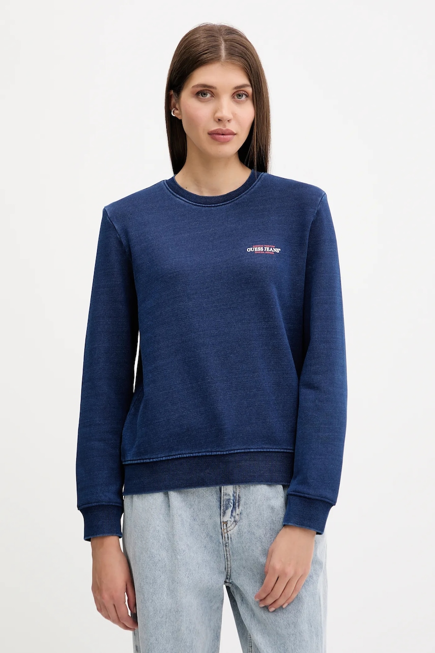 Bavlněná mikina Guess Jeans dámská, tmavomodrá barva, s potiskem, W5YQ22 KCXQ1