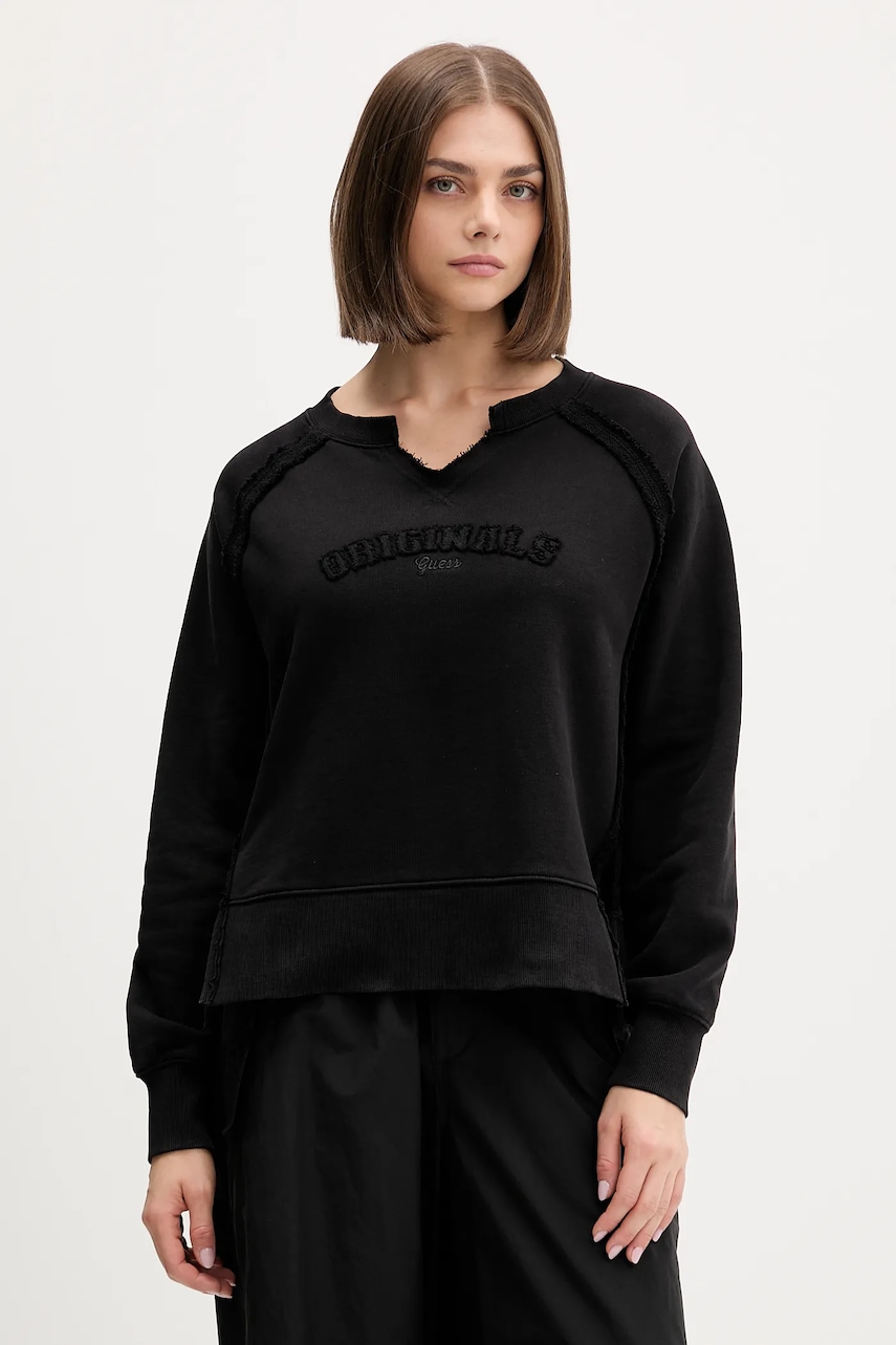 Bavlněná mikina Guess Originals dámská, černá barva, s aplikací, W5BQ27 KCPR1