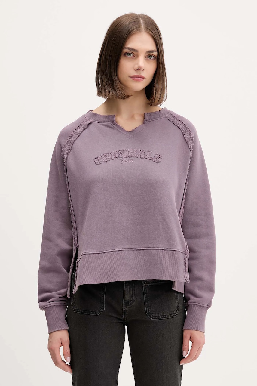 Bavlněná mikina Guess Originals dámská, fialová barva, s aplikací, W5BQ27 KCPR1