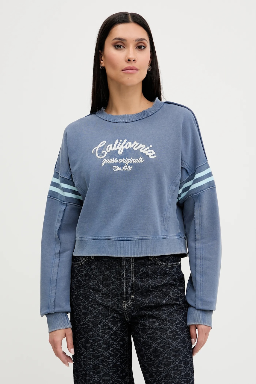 Bavlněná mikina Guess Originals dámská, modrá barva, s potiskem, W5YQ24 K68I4