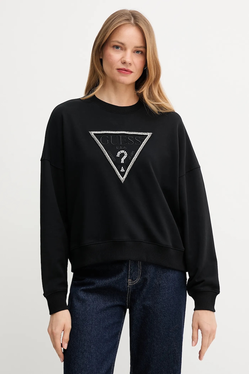 Bavlněná mikina Guess RACHELE dámská, černá barva, s aplikací, W5YQ04 KC8I0