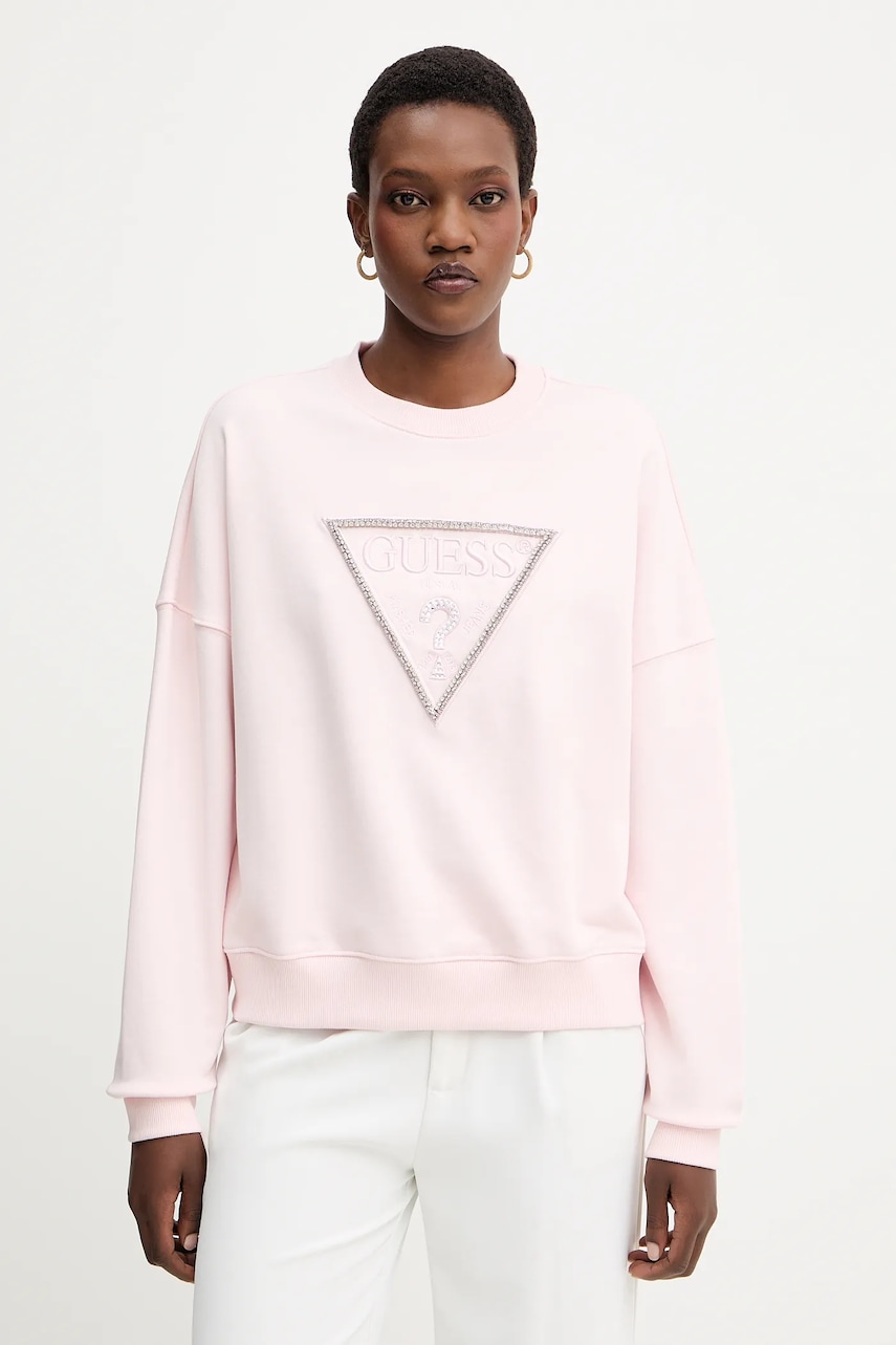 Bavlněná mikina Guess RACHELE dámská, růžová barva, s aplikací, W5YQ04 KC8I0